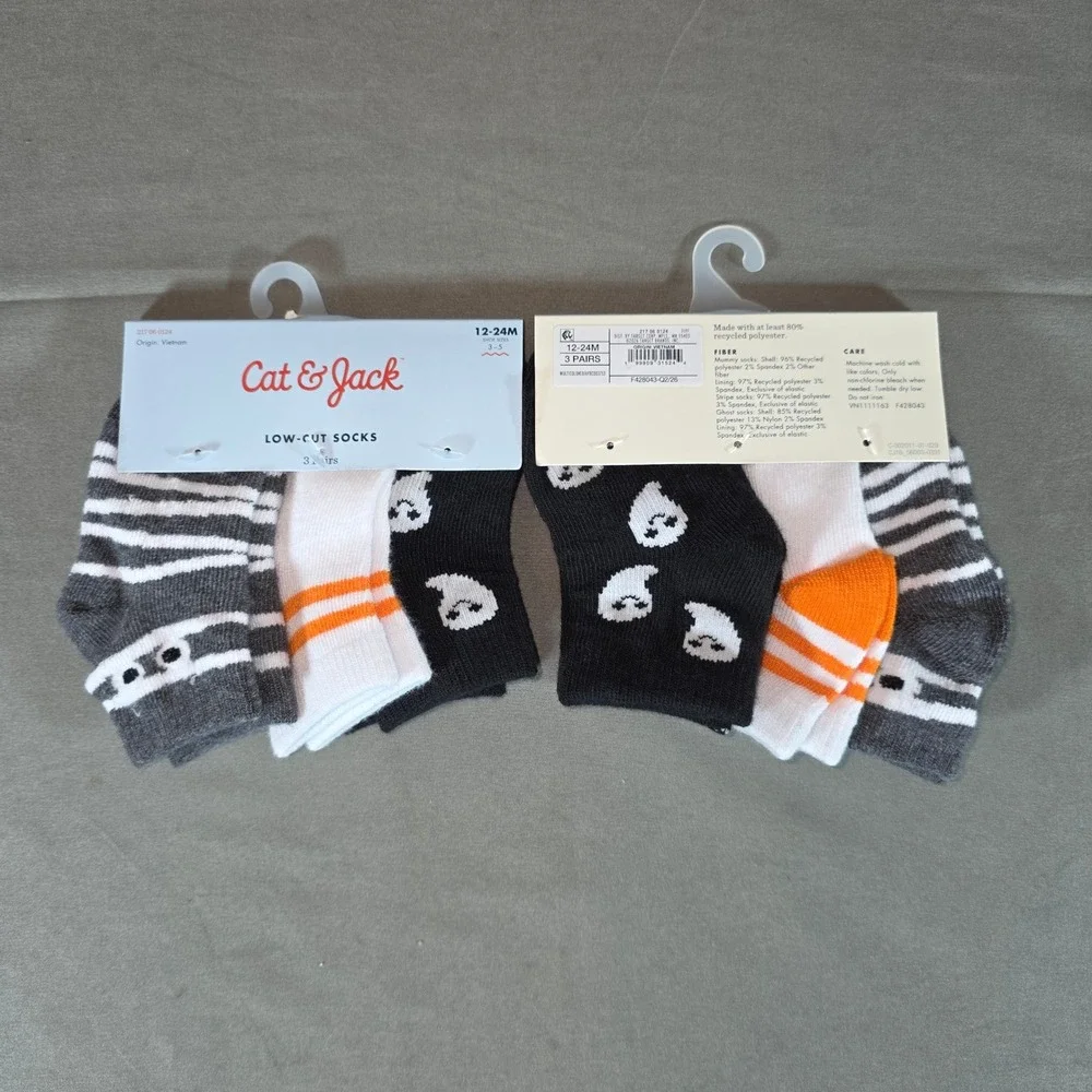 Cat & Jack Toddler Halloween Low Cut Socks 3 Pairs Ghost Mummy 12-24M Shoe 3-5